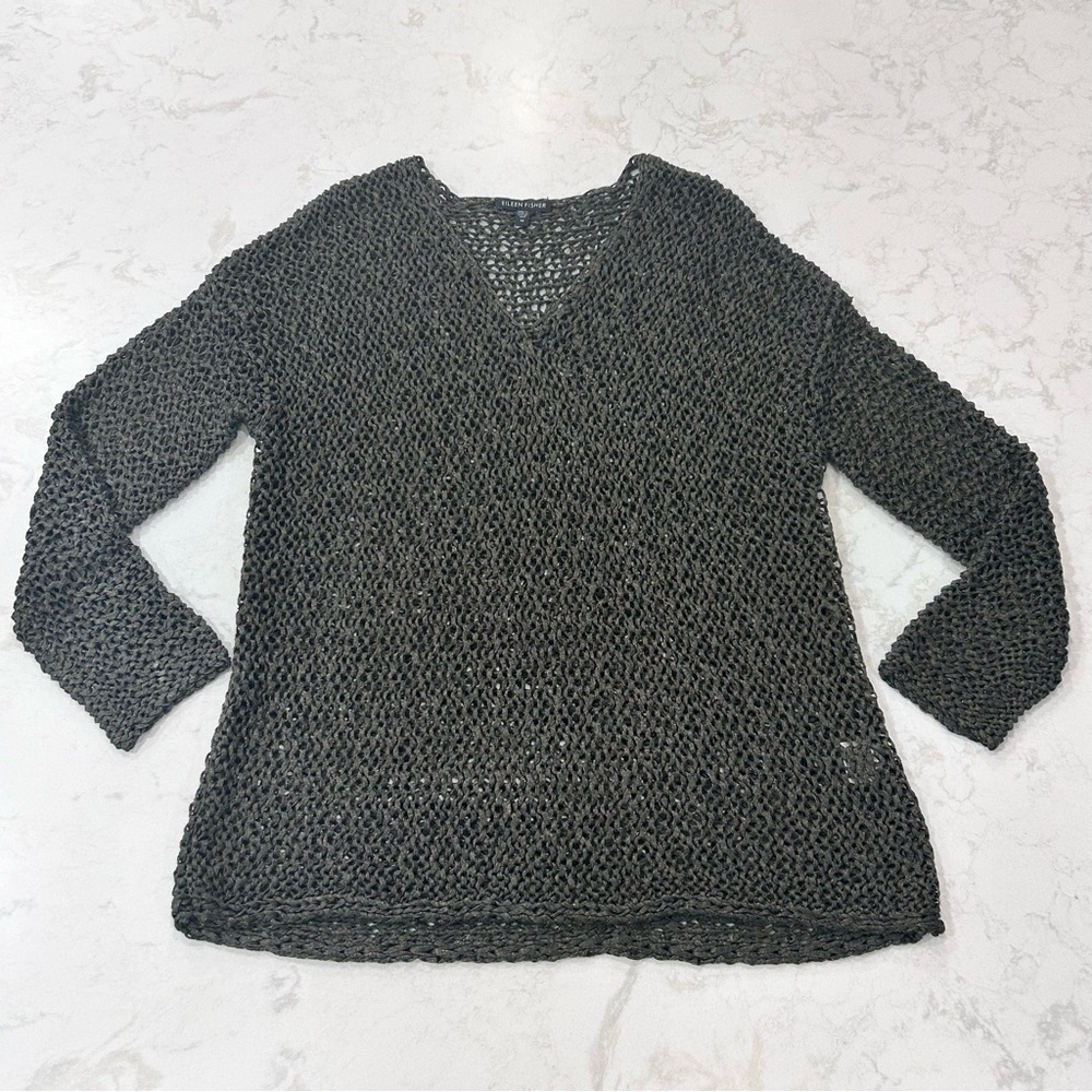Eileen Fisher Viscose Long Sleeve Fishnet Knitted Grey Gold Shimmer Medium Top